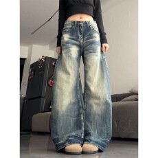 批发美式复古水洗做旧弯刀阔腿<b class='q'>牛仔裤</b>女高腰宽松直筒拖地裤