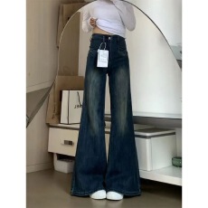 批发美式高街阔腿微喇<b class='q'>牛仔裤</b>女设计感高腰弹力马蹄喇叭长裤