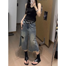 批发美式直筒破洞牛仔短<b class='q'>裤</b>女2026夏季高街阔腿宽松显瘦<b class='q'>百搭</b>七分中<b class='q'>裤</b>