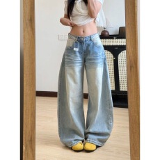 批发美式复古口袋刺绣弯刀<b class='q'>牛仔裤</b>女2026新款低腰宽松显瘦阔腿拖地裤
