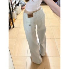批发美式杏色休闲低腰阔腿牛仔裤女2026夏季新款宽松显瘦直筒拖地裤