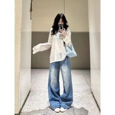 批发美式折痕水洗宽松阔腿牛仔裤女2026夏季<b class='q'>新款</b>高腰显瘦直筒拖地裤