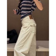 批发美式杏色休闲低腰阔腿<b class='q'>牛仔</b>裤女2026夏季新款宽松显瘦直筒拖地裤