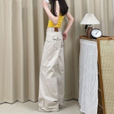 批发美式杏色休闲低腰阔腿<b class='q'>牛仔</b>裤女2026夏季新款宽松显瘦直筒拖地裤