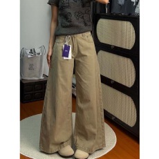 批发美式卡其色宽松水洗阔腿<b class='q'>牛仔</b>裤女2026新款高腰显瘦直筒拖地长裤