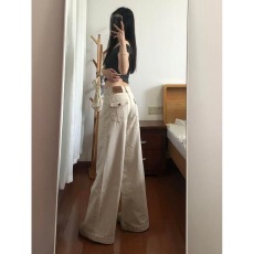 批发美式杏色休闲低腰阔腿<b class='q'>牛仔</b>裤女2026夏季新款宽松显瘦直筒拖地裤