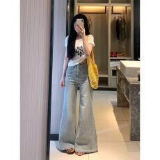 批发美式浅蓝色水洗不贴腿微喇牛仔<b class='q'>裤</b>女2026新款高腰<b class='q'>弹力</b>喇叭拖地<b class='q'>裤</b>