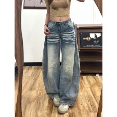 批发美式口袋刺绣阔腿<b class='q'>牛仔裤</b><b class='q'>女</b>2026新款夏季低腰宽松<b class='q'>直筒</b>拖地裤