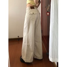 批发美式杏色低腰阔腿<b class='q'>牛仔裤</b><b class='q'>女</b>2026夏季新款宽松显瘦<b class='q'>直筒</b>拖地裤