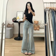 批发美式复古水洗不贴腿微喇牛仔裤女夏季新款<b class='q'>高腰</b>弹力喇叭拖地裤