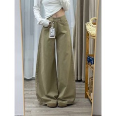批发美式卡其色宽松水洗阔腿牛仔裤女2026新款高腰显瘦直筒拖地长裤