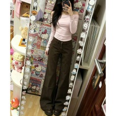 批发美式复古咖色休闲直筒工装<b class='q'>牛仔裤</b><b class='q'>女</b>秋季新款高腰宽松阔腿拖地裤