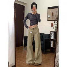 批发美式卡其色阔腿<b class='q'>微喇</b><b class='q'>牛仔裤</b>女秋季低腰新款宽松喇叭拖地长裤