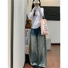 批发美式复古口袋刺绣阔腿<b class='q'>牛仔裤</b>女2026新款秋季低腰宽松直筒拖地裤