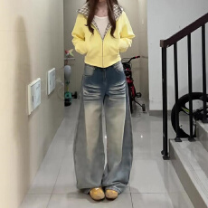 批发美式复古口袋刺绣阔腿<b class='q'>牛仔裤</b>女2026新款秋季低腰宽松直筒拖地裤