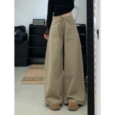 批发美式卡其色宽松阔腿<b class='q'>牛仔裤</b>女2026秋季新款高腰显瘦直筒拖地长裤