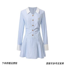 批发ANDYET AD1 23/AW 原创翻领蓝色条纹抽褶连衣裙拼接收腰A字衬衫裙