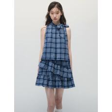 批发ANNATTO 不眠海 夏季蓝色格纹宽松显瘦无<b class='q'>袖</b><b class='q'>荷叶</b>边蛋糕<b class='q'>连衣裙</b>女