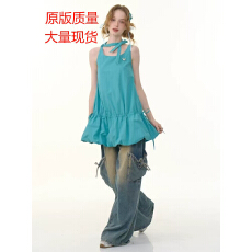 批发ziziFei夏季美式设计感系带<b class='q'>花苞</b>下摆收腰蓝绿色吊带背心<b class='q'>连衣裙</b>女