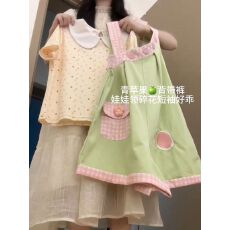 批发日系甜美可爱穿搭一整套装童趣格纹背带短裤女学生学院娃娃领