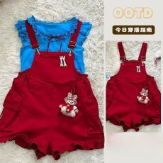 批发<b class='q'>女童</b>多巴胺甜<b class='q'>美学</b>院风红色背带连体短款搭配蝴蝶织带拼接<b class='q'>背带裤</b>