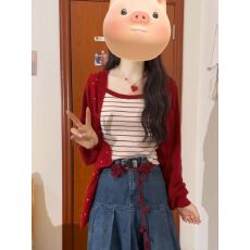 批发明艳系复古甜美红色防晒开衫女秋季条纹吊带搭配牛仔<b class='q'>半身裙</b>三件套