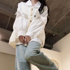 批发韩系秋季两件套装甜美少女风白色<b class='q'>娃娃领</b>长袖<b class='q'>衬衫</b>搭配吊带针织开衫