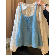 批发法式穿搭一整套甜美减龄风气质内搭娃娃领波点衬衫+针织吊带背心