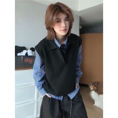 批发两件/套装韩系宽松学院风软糯V领黑色针织衫<b class='q'>马甲</b>背心女+格纹衬衫