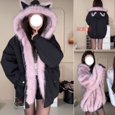批发冬季甜美<b class='q'>可爱</b>猫耳朵连帽保暖两面穿毛毛外套女新款加厚棉服ins潮