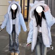 批发冬季甜美<b class='q'>可爱</b>猫耳朵连帽保暖两面穿毛毛外套女新款加厚棉服ins潮