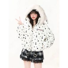 批发星星兔耳朵毛领棉服外套女设计感字母潮流面包服棉袄2025冬季新款
