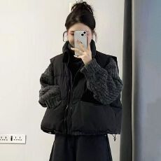 批发韩系减龄宽松短款立领棉服马甲外套叠穿针织毛衣<b class='q'>高腰</b>阔腿裤