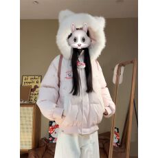 批发学院风甜美可爱粉色连帽毛领棉服外套女学生冬季宽松加厚防寒棉衣