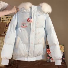 批发学院风甜美可爱穿搭毛领连帽棉服外套女冬季新款百搭加厚防寒棉衣