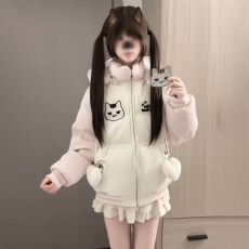 批发<b class='q'>日系</b>可爱少女小猫魔术贴撞色拼接毛领连帽冬季宽松加厚保暖面包服