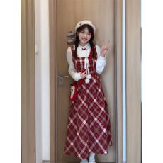 批发法式甜妹学院风<b class='q'>可爱</b>冬日氛围感女学生圣诞红假两件<b class='q'>连衣裙</b>收腰显瘦