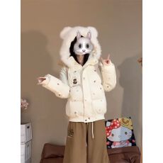 批发日系甜美可爱卡通印花毛领连帽棉服女冬季新款学院风<b class='q'>小熊</b>棉衣外套