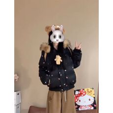 批发日系甜美可爱卡通印花毛领连帽棉服女冬季新款学院风<b class='q'>小熊</b>棉衣外套