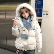 批发2025冬季新款雪花毛领可爱魔术连帽圣诞雪人<b class='q'>宽松</b>棉服秋冬加厚棉衣