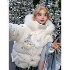 批发2025冬季新款雪花毛领可爱魔术连帽圣诞雪人<b class='q'>宽松</b>棉服秋冬加厚棉衣