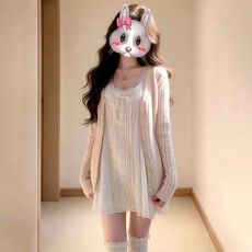 批发韩系甜美风绞花针织<b class='q'>开衫</b>毛衣<b class='q'>女</b>叠穿蕾丝花边娃娃领连衣裙两件套