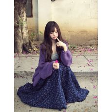 批发甜美温柔风紫色针织开衫叠穿外套吊带背心女+碎花半身裙两件套装