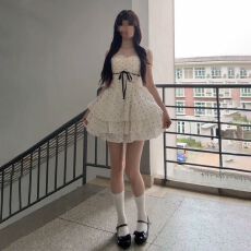批发韩系元气风波点收腰吊带裙女夏季新款减龄少女白月光约会连衣裙