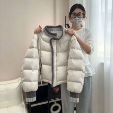 韩系极简风浅灰色针织拼接棉服女短款立领拉链款秋冬百搭保暖外套