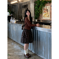 批发实拍 纯和欲绑带长袖坑条方领打底衫+松紧腰花朵<b class='q'>印花</b>呢子A字裙