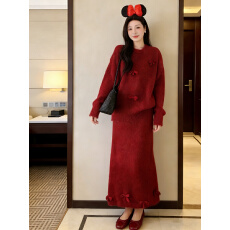 批发<b class='q'>实拍</b> 圣诞新年装一整套女秋冬高级感蝴蝶结套头+半身裙两件套