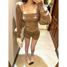 批发实拍 韩系灯笼袖绞花吊带背心女氛围感修身显瘦针织开衫两件套