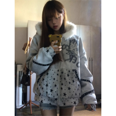 批发织带钉珠 毛领+帽里开抽长毛绒 胶印图 星星数码印 内里银狐绒