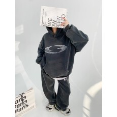 批发春季美式做旧加厚上衣宽松复古印花重磅连帽卫衣卫裤套装女潮